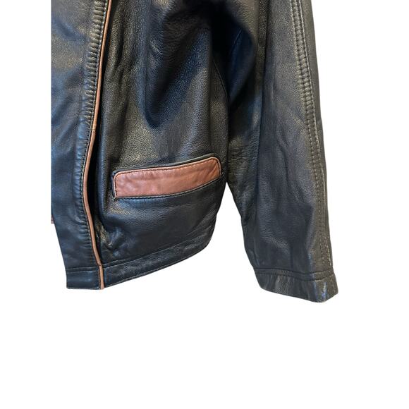 Vintage Butter Soft Black Leather Moto Jacket Brown Trim Quiet Luxury Minimalist - Picture 8 of 16